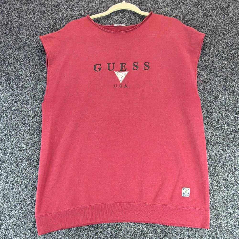 GUESS Women's Red Solid Fleece Crew Neck Sleeveless Sweatshirt Embroidered XL